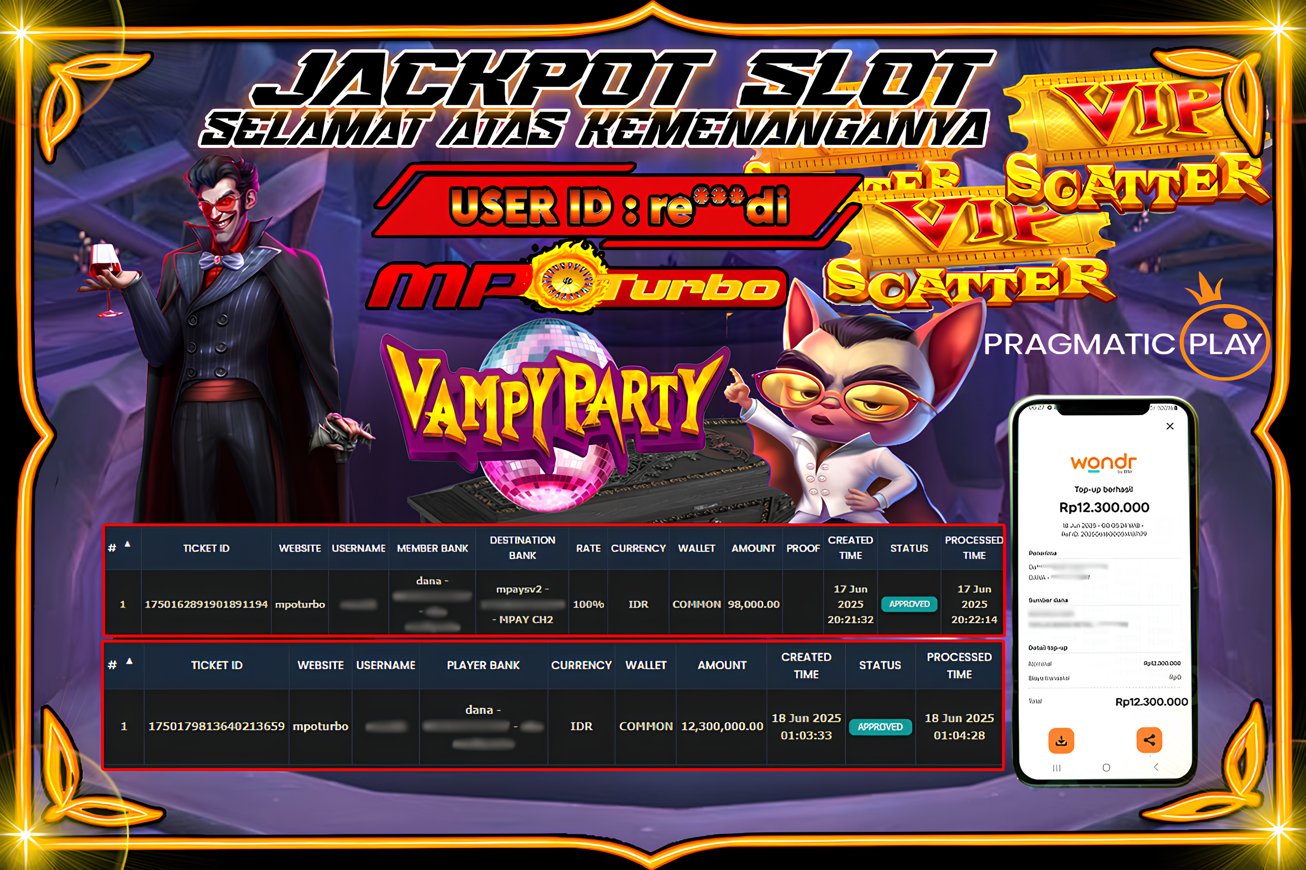 MPOTURBO JACKPOT SLOT VAMPY PARTY - PRAGMATIC PLAY Rp 12,300,000.00,- LUNAS